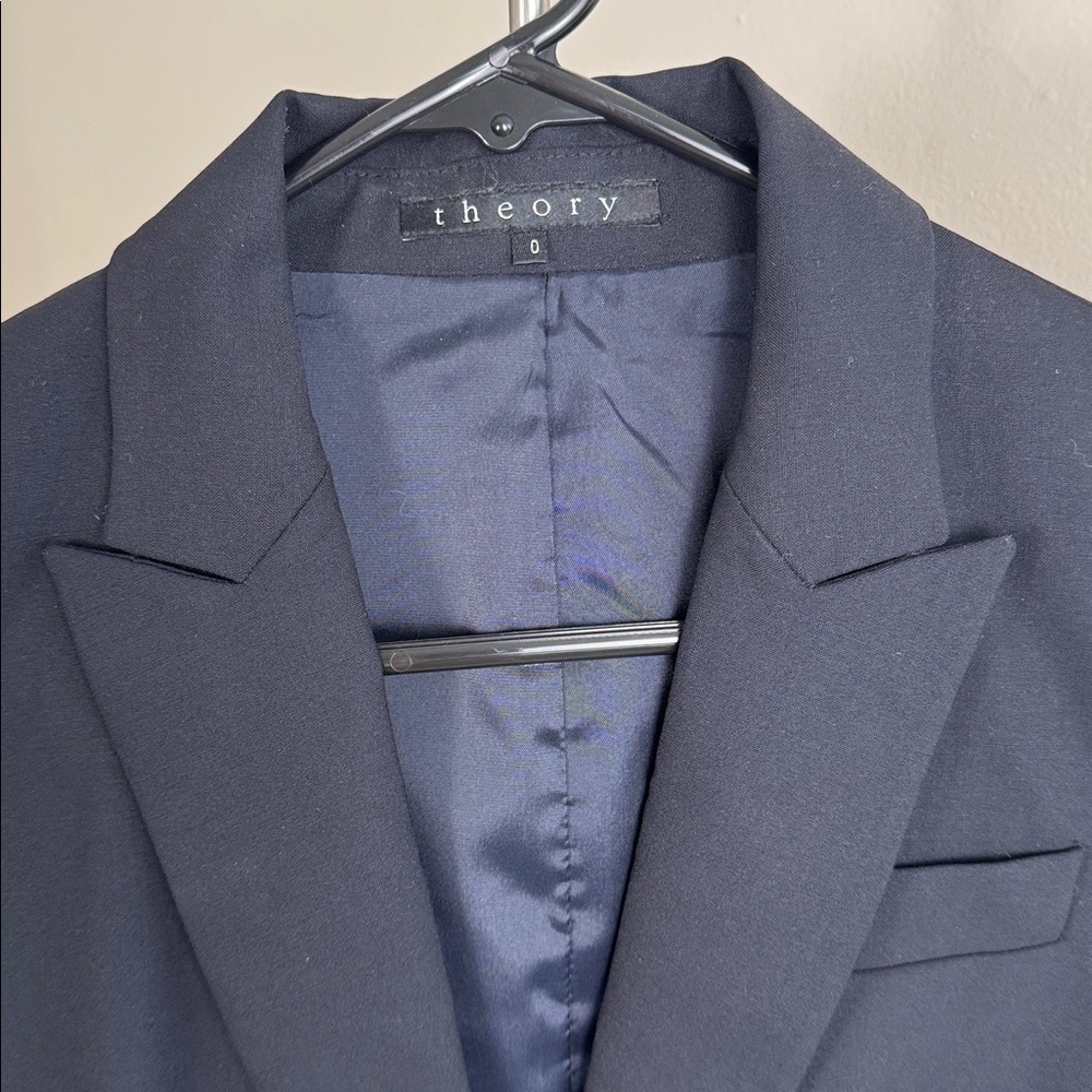 Theory Blazer & Trouser Suit Set in Dark Navy - 100% Wool, Made in USA - Size 0